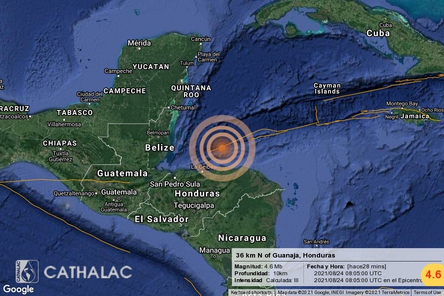 Registran sismo de magnitud 4.6 en las islas de Guanaja y Roatán